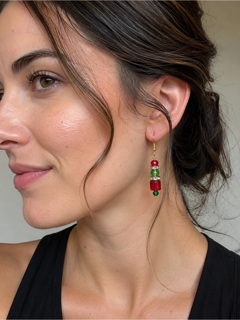 Earrings Handcrafted Crystal Bead Drop Red Green Gold Tone